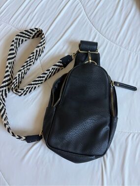 Anthropologie Black Leather Crossbody with Striped Strap